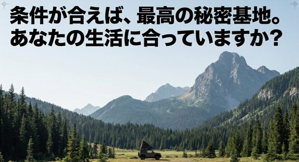 ジムニーとルーフテントの魅力は大きいが、自分の生活に合うかの見極めが大切だと伝える締めのスライド