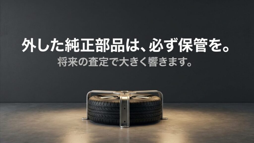 外した純正のスペアタイヤやブラケットは、将来の査定に備えて保管しておくべきだと伝えるスライド