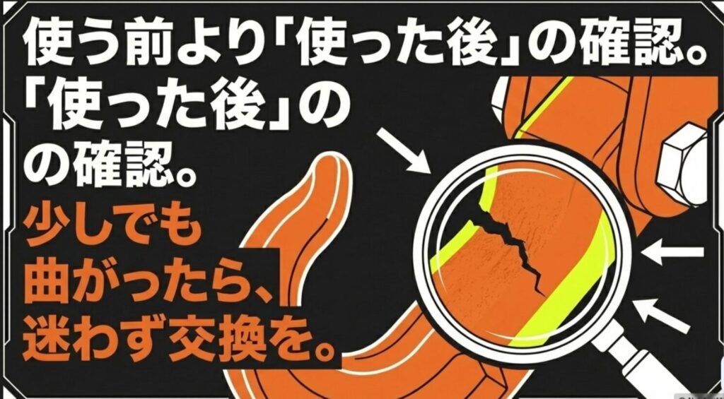 ジムニーの牽引フックは使用後に曲がりやクラックを確認し、少しでも異常があれば交換を検討すべきことを示すスライド