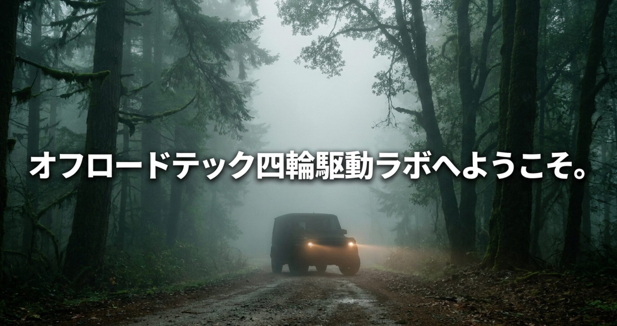 霧の森を走る4WD車と「オフロードテック四輪駆動ラボへようこそ。」の文字が入った導入スライド
