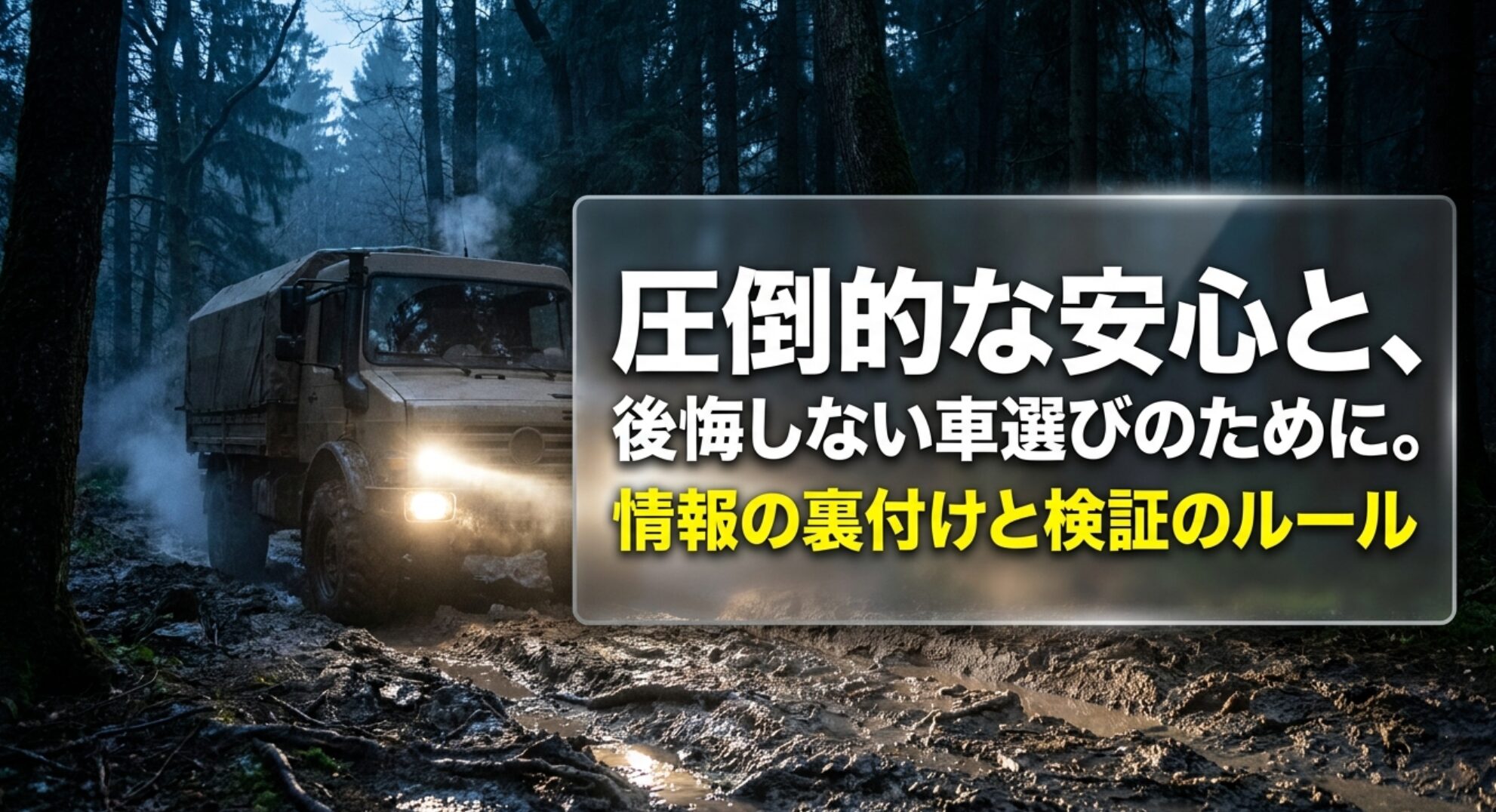 泥道を走る四輪駆動車と、後悔しない車選びのために情報の裏付けと検証を重視するというメッセージを示した画像。