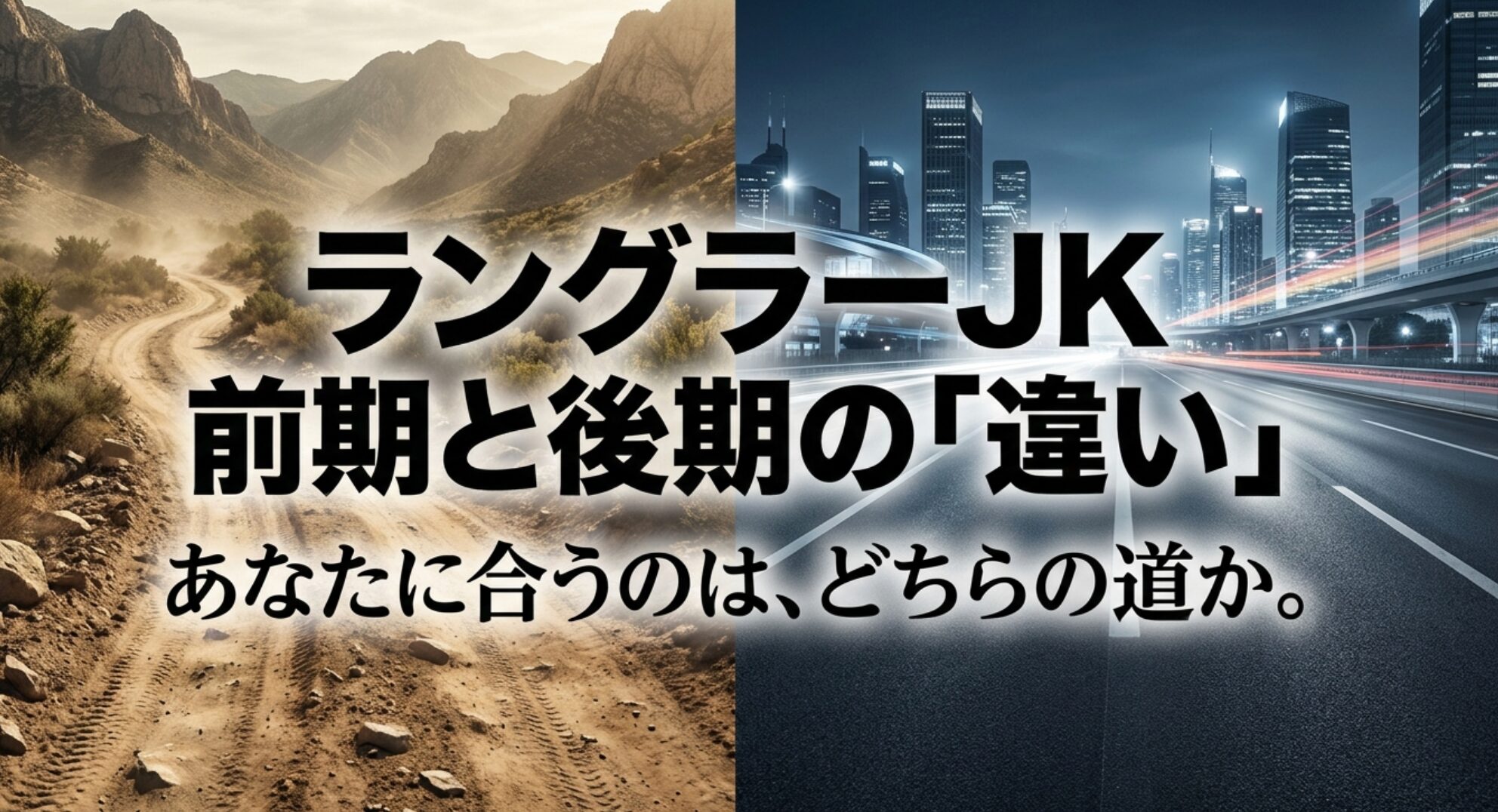 ラングラーJKの前期と後期の違いを、オフロード志向と街乗り志向の対比で表した導入スライド