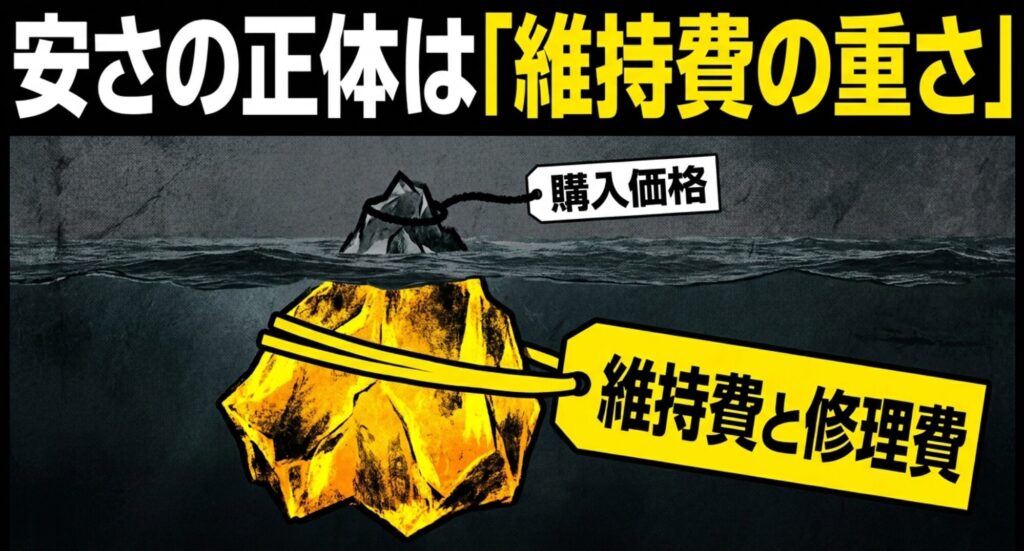 購入価格の下に維持費と修理費が隠れていることを氷山で表したスライド