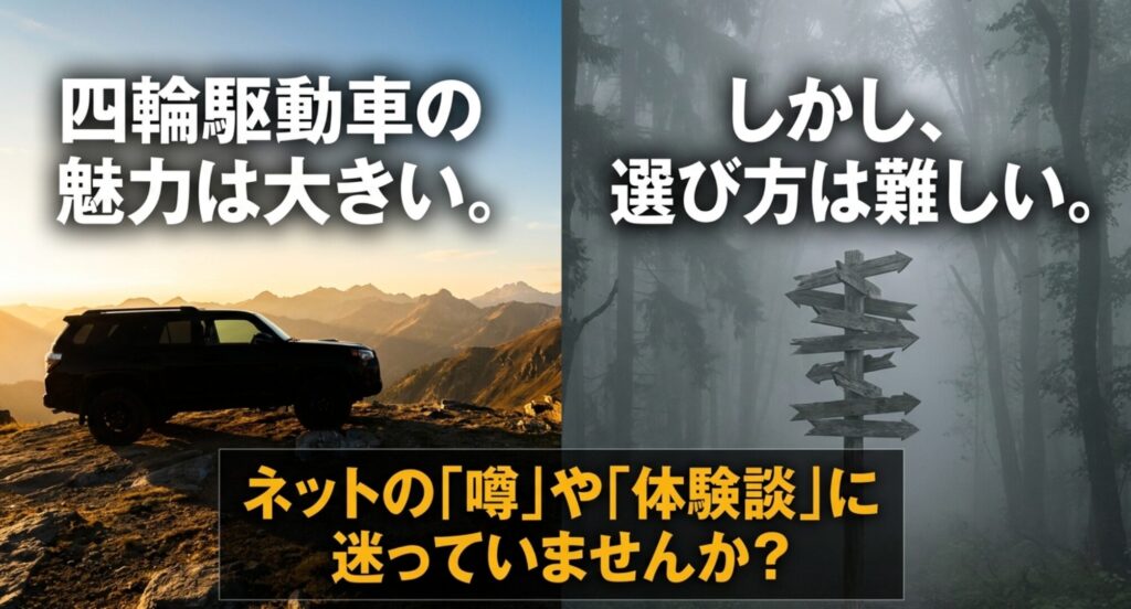 四輪駆動車の魅力と選び方の難しさ、ネットの噂や体験談に迷いやすいことを示したスライド