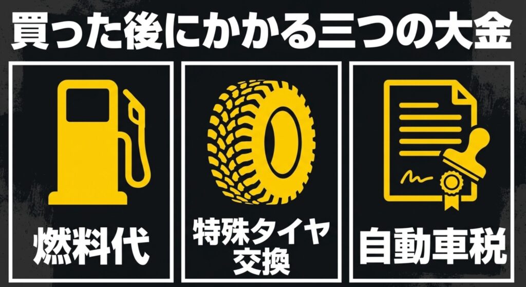 ラングラー購入後に注意したい燃料代、特殊タイヤ交換、自動車税を示したスライド