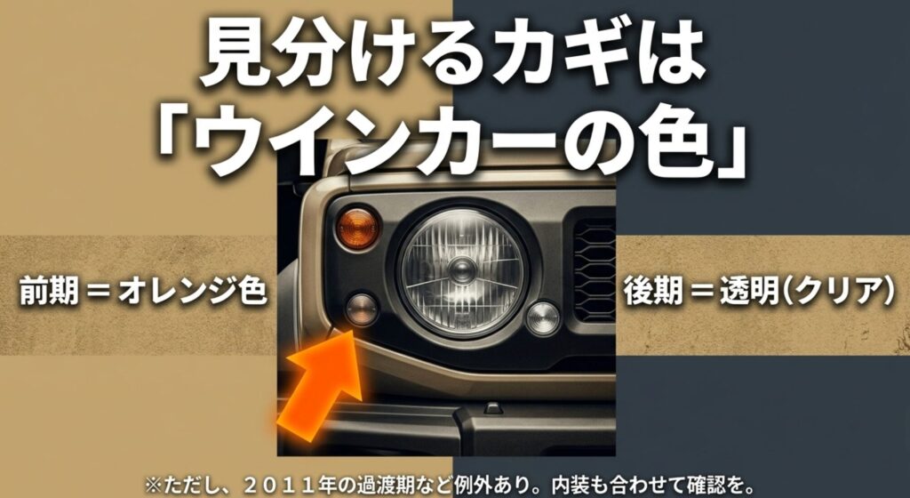 ラングラーJKの前期はオレンジ色ウィンカー、後期はクリアウィンカーが目安になることを示したスライド