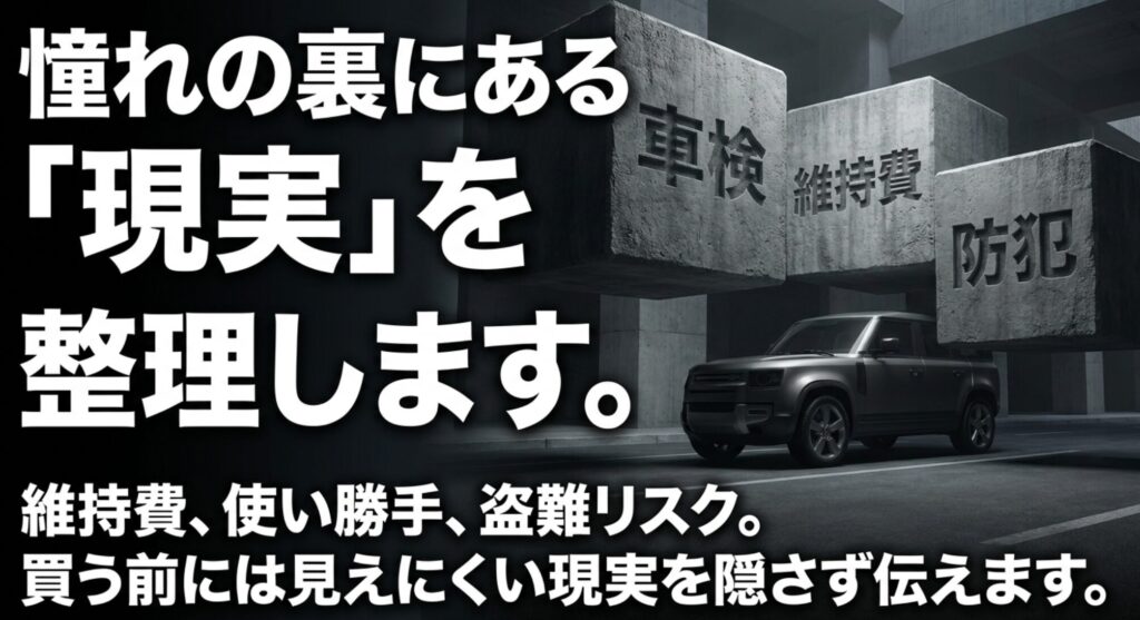 維持費、使い勝手、盗難リスクなど、四輪駆動車を買う前には見えにくい現実を整理することを表したスライド。