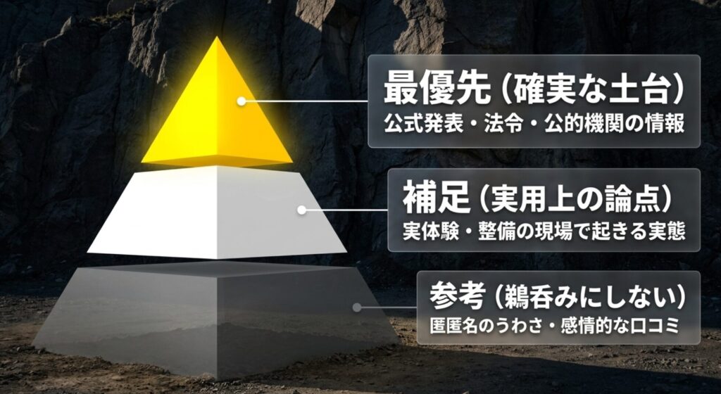 公式発表や法令などを最優先し、実体験を補足情報、匿名口コミを参考情報として扱う優先順位を示したピラミッド図。