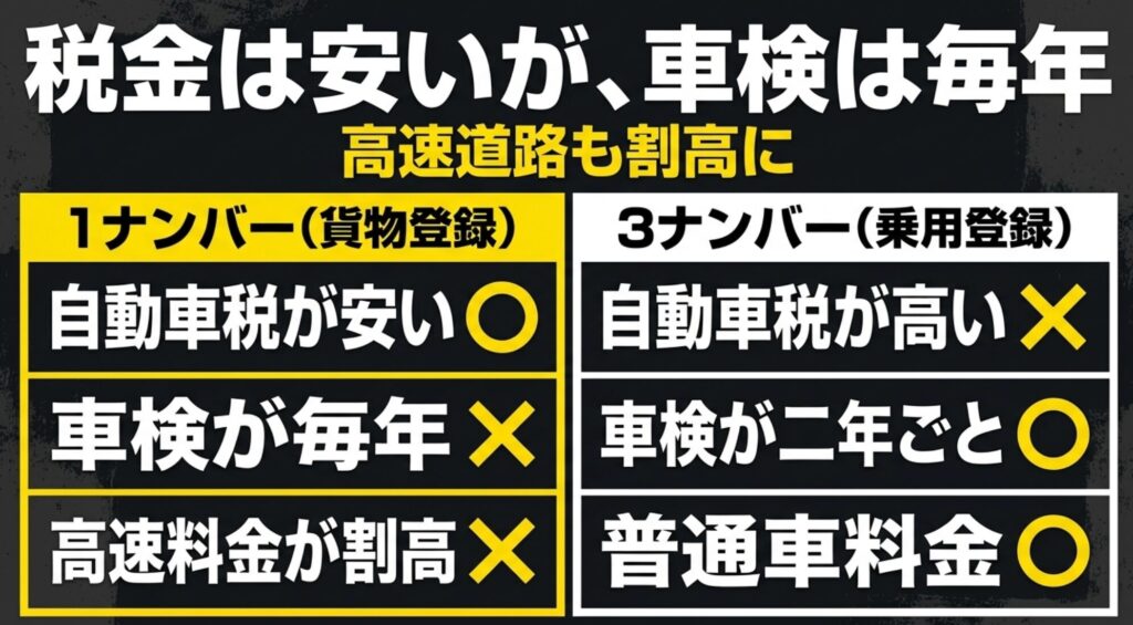 1ナンバーは自動車税が安い一方で毎年車検や高速料金に注意が必要なことを比較したスライド