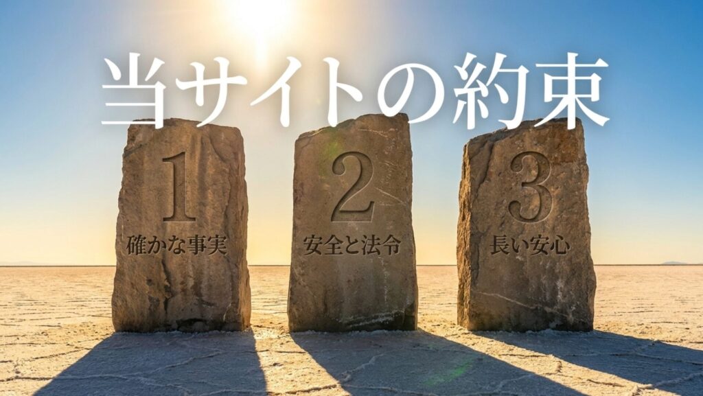 「確かな事実」「安全と法令」「長い安心」という3つの柱を石碑で表現したスライド