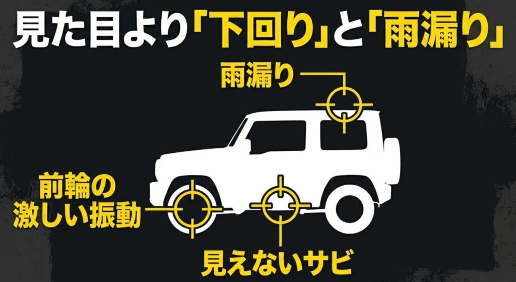 中古ラングラーで見た目より下回りのサビ、雨漏り、前輪の激しい振動に注意することを示したスライド