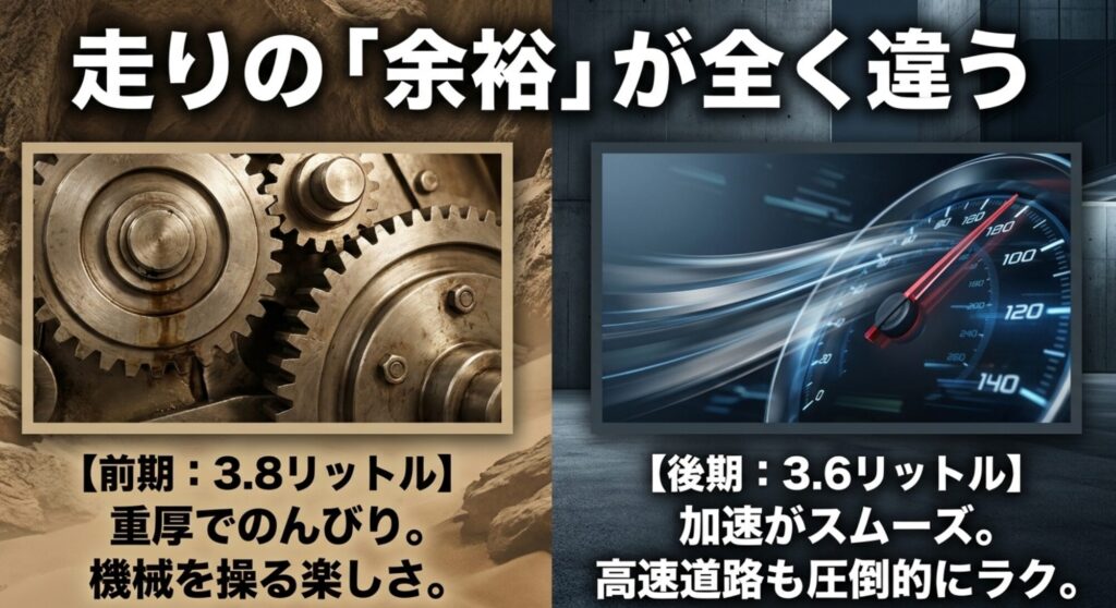 ラングラーJK前期の3.8Lは重厚でのんびり、後期の3.6Lは加速がスムーズで高速道路も楽なことを比較したスライド