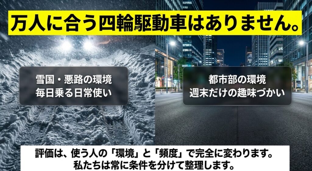 雪国や悪路で毎日使う場合と、都市部で週末だけ使う場合では、四輪駆動車の評価が変わることを示した画像。