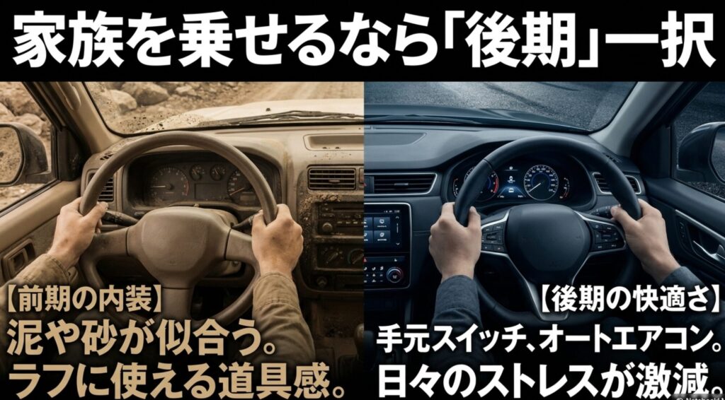 ラングラーJK前期の無骨な内装と後期の快適な内装を比較し、家族利用なら後期が向くことを示したスライド