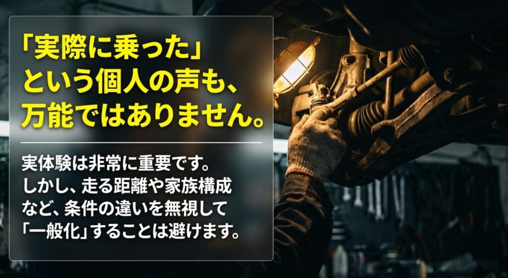 実際に乗った個人の声は重要だが、走行距離や家族構成などの条件差を無視して一般化しない方針を示した画像。