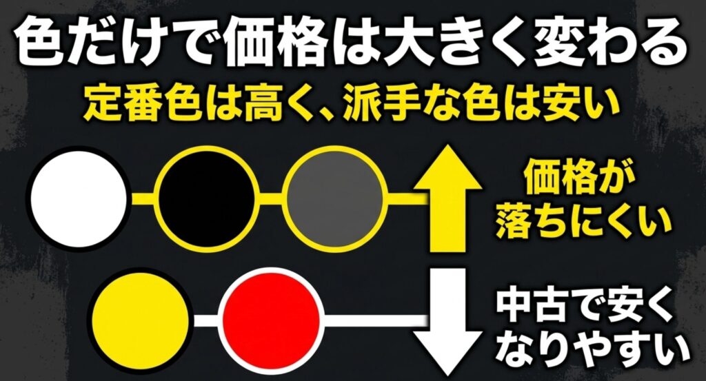 白、黒、グレーなどの定番色は価格が落ちにくく、黄色や赤など派手な色は中古で安くなりやすいことを示したスライド