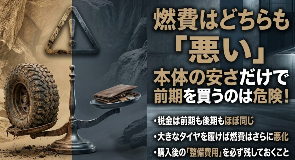 ラングラーJKは前期後期とも燃費が良い車ではなく、本体価格だけで選ぶと維持費で後悔しやすいことを示したスライド