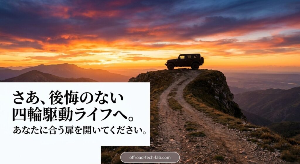 夕焼けの山道に停まる4WD車と「後悔のない四輪駆動ライフへ」と書かれた締めのスライド