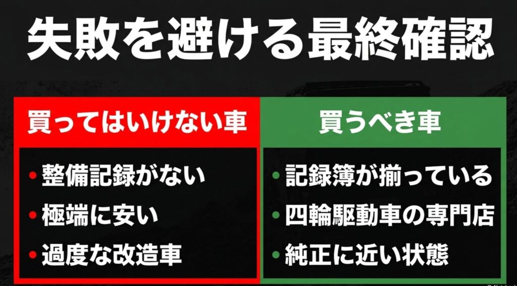 整備記録がない、極端に安い、過度な改造車を避け、記録簿が揃った専門店の純正に近い車を選ぶべきことを示したスライド