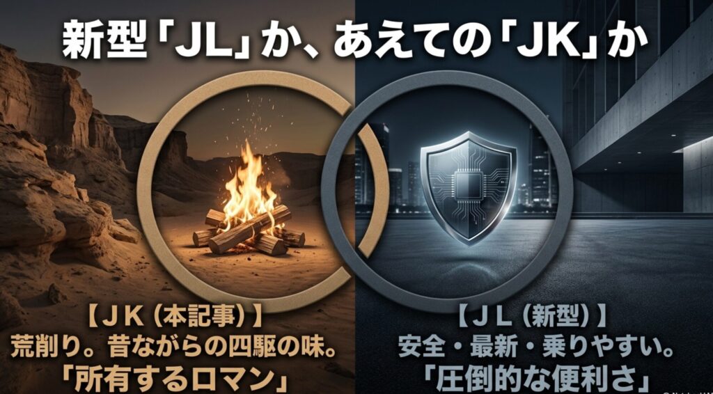 ラングラーJKは荒削りな四駆の味と所有するロマン、JLは安全性や快適性など最新の便利さが魅力であることを比較したスライド