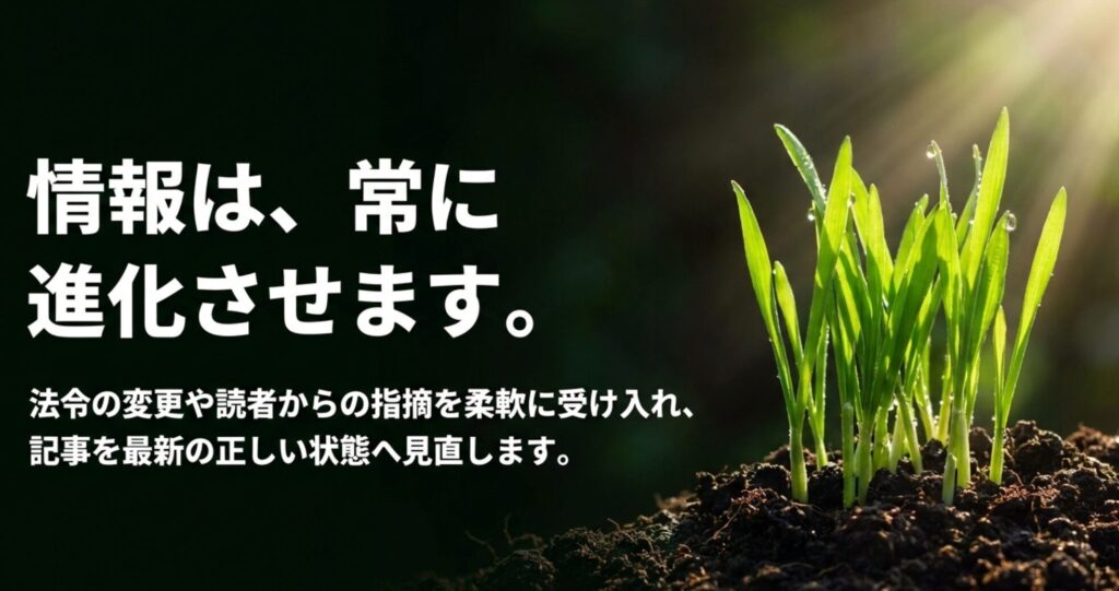 芽吹く植物を背景に、法令の変更や読者からの指摘を受け入れ、記事を最新で正しい状態へ見直す方針を示したスライド。