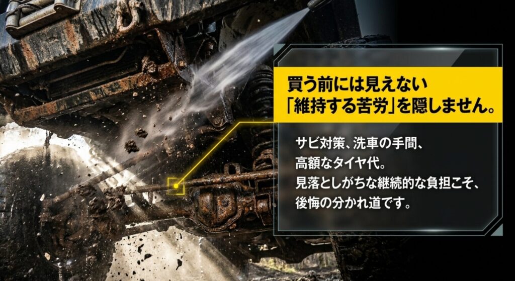 四輪駆動車の下回り洗浄やサビ対策、タイヤ代など、購入前には見えにくい維持の手間を示した画像。