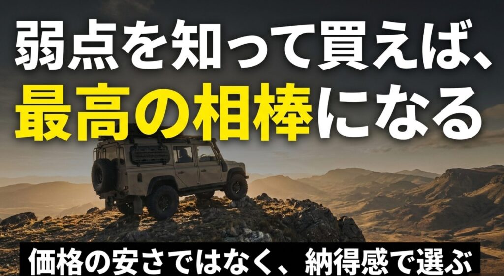 ラングラー中古は価格の安さだけでなく弱点を理解し納得感で選ぶことが大切だと伝える締めのスライド