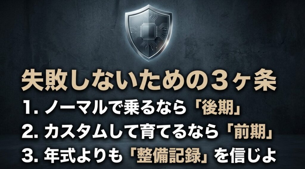 ラングラーJKはノーマルで乗るなら後期、カスタムして育てるなら前期、年式より整備記録を重視するという3つのポイントをまとめたスライド