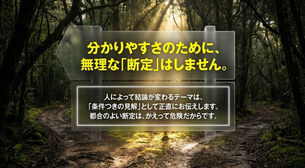 人によって結論が変わるテーマでは、無理に断定せず条件付きの見解として伝える方針を示した画像。