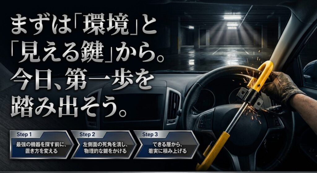 最強の機器を探す前に、駐車環境の見直しと見える物理ロックから始める盗難対策の行動ステップ