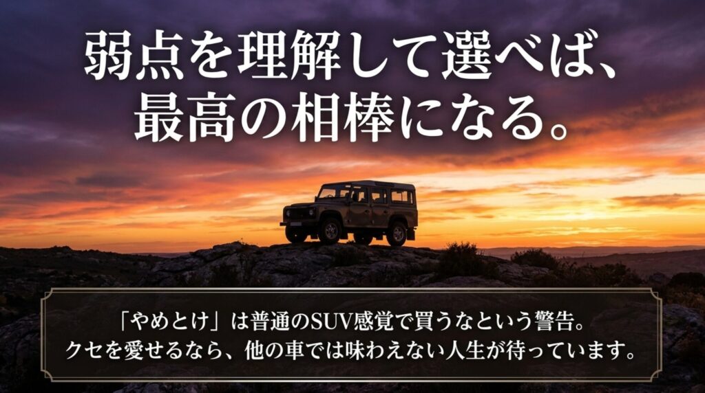 ジープラングラーは弱点を理解して選べば最高の相棒になるとまとめるスライド