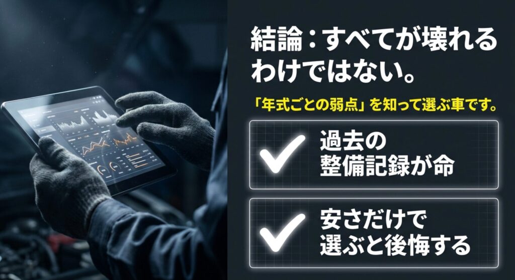 ジープコンパスは全てが壊れる車ではなく、年式ごとの弱点と整備記録を見て選ぶべきことを示したスライド