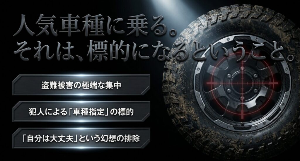 人気4WDや高額車種が盗難被害の標的になりやすいことを示すスライド