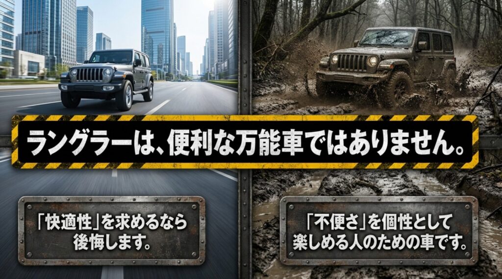 ジープラングラーは快適性重視の万能SUVではなく不便さを個性として楽しむ車だと説明するスライド