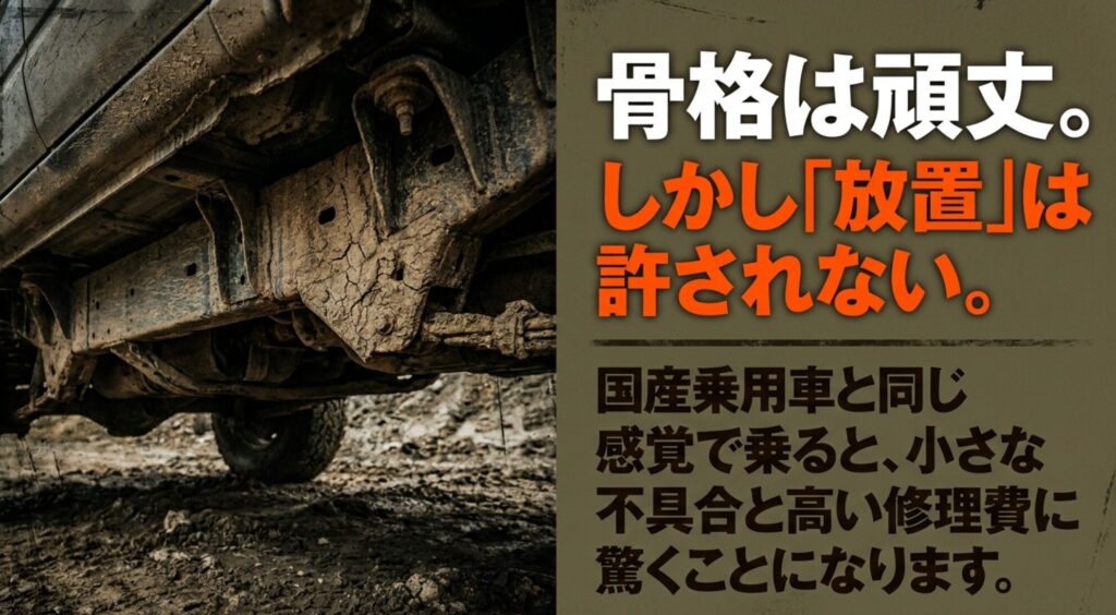 ラングラーは骨格が頑丈でも放置すると小さな不具合や高い修理費につながることを示すスライド