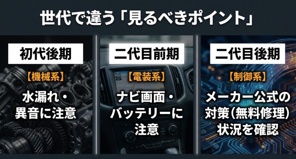 初代後期、二代目前期、二代目後期で見るべき故障ポイントが違うことを示した比較スライド