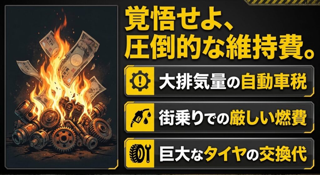 FJクルーザーの大排気量による自動車税や街乗り燃費、タイヤ交換代の負担を示す解説スライド