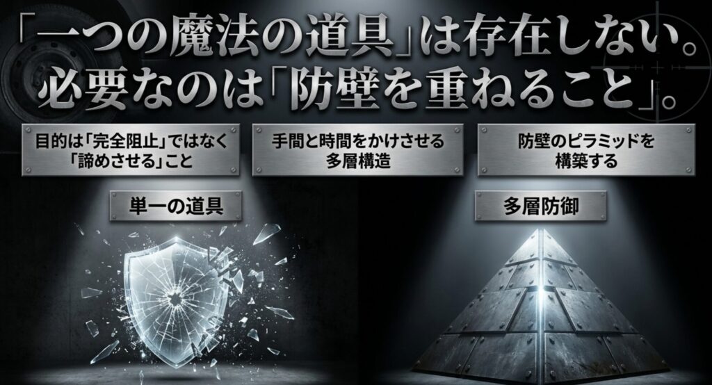 車の盗難対策では一つの道具に頼らず、防壁を重ねて犯人に諦めさせる考え方を示す図