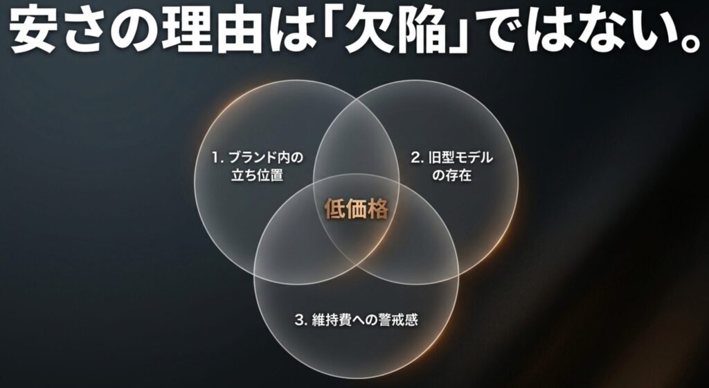 ジープコンパスの低価格はブランド内の立ち位置、旧型モデル、維持費への警戒感が重なる構造を示した図