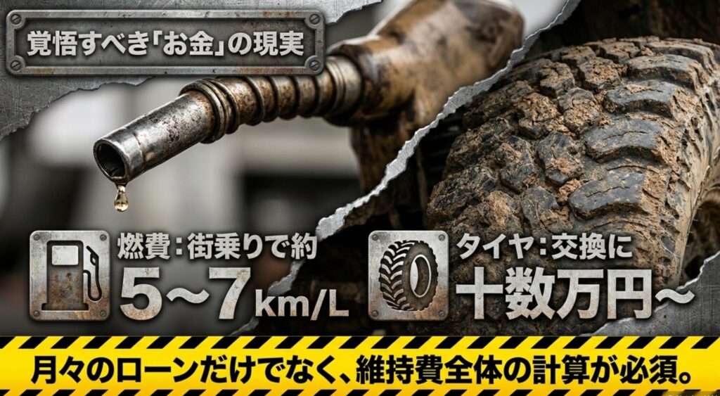 ジープラングラーの街乗り燃費やタイヤ交換費用など維持費の現実を示したスライド