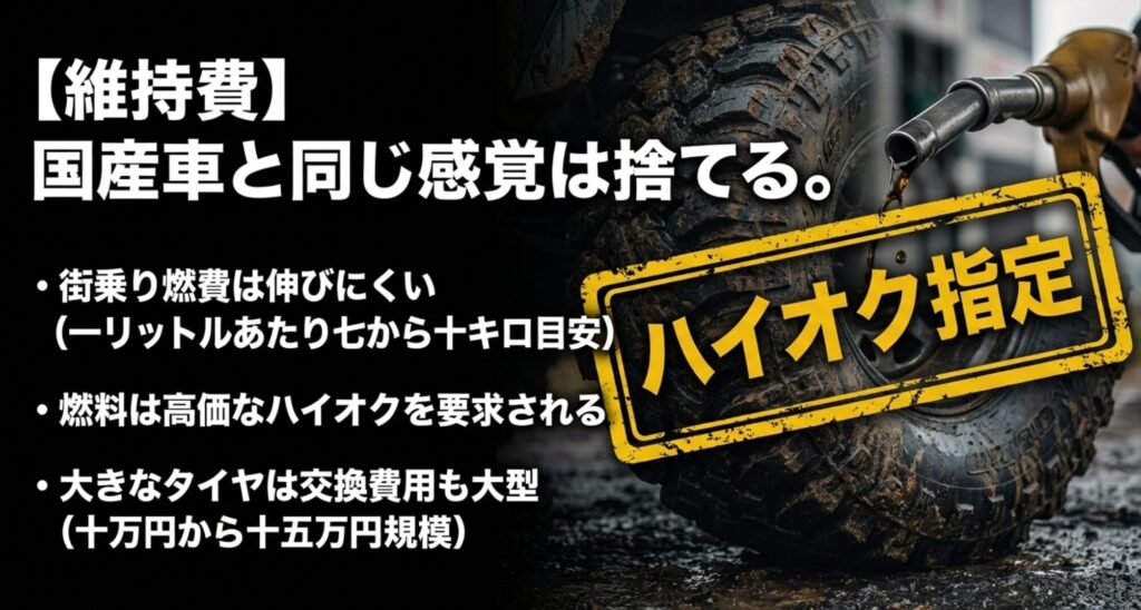 ジープレネゲードのハイオク指定や街乗り燃費や大径タイヤの交換費用をまとめたスライド