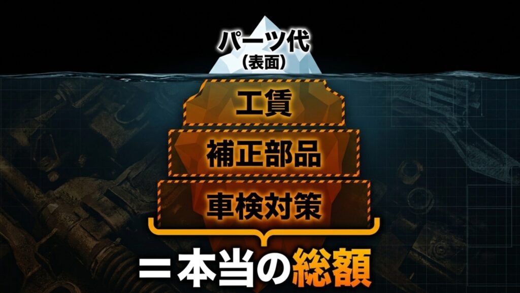 パーツ代、工賃、補正部品、車検対策を含めたラングラーのリフトアップ総額を説明する図