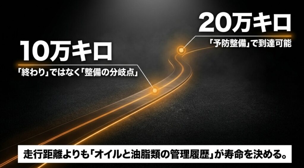 ジープコンパスの10万キロは終わりではなく、20万キロは予防整備で到達可能と示すスライド