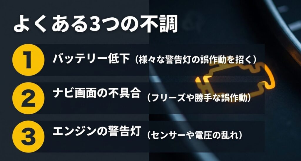 ジープコンパスで起こりやすいバッテリー低下、ナビ画面不具合、エンジン警告灯をまとめたスライド