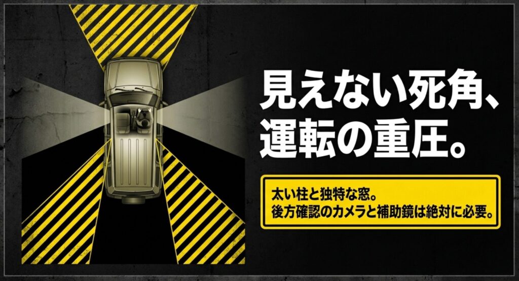 FJクルーザーの太いピラーや独特な窓による死角、バックカメラや補助ミラーの必要性を示す解説スライド