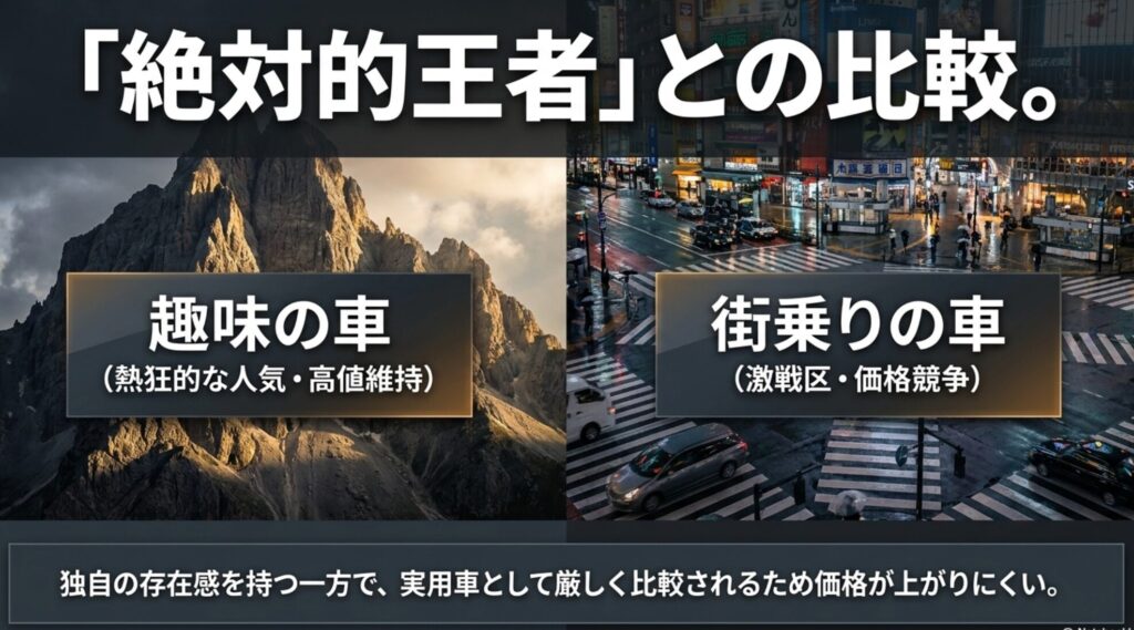 ラングラーは趣味の車、コンパスは街乗りの車として比較され中古価格に差が出ることを示すスライド