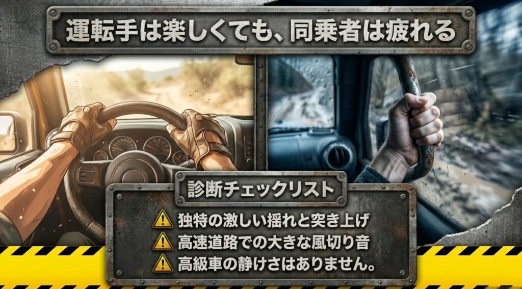 ジープラングラーは運転手が楽しくても同乗者は揺れや風切り音で疲れやすいことを示すスライド