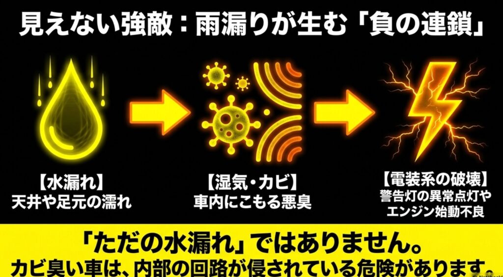 ジープパトリオットの雨漏りが湿気やカビを生み電装系トラブルにつながる流れを示すスライド