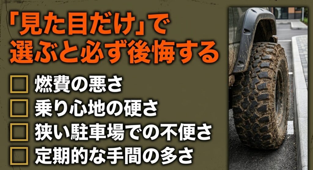 ラングラーは燃費の悪さや乗り心地、狭い駐車場での不便さ、定期的な手間を理解せず選ぶと後悔しやすいことを示すスライド