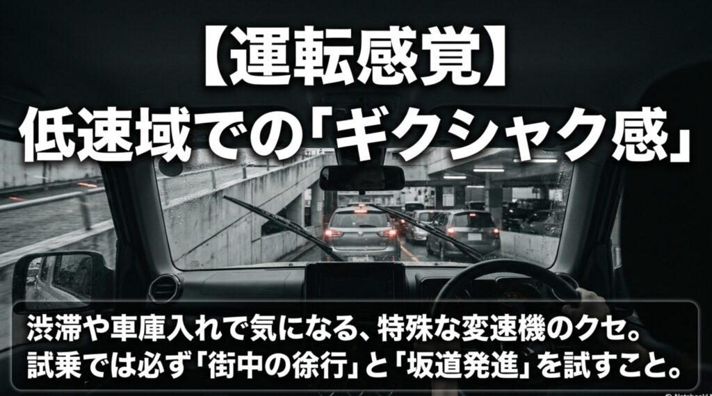 ジープレネゲードのDCTによる低速域のギクシャク感や坂道発進の確認ポイントを示すスライド